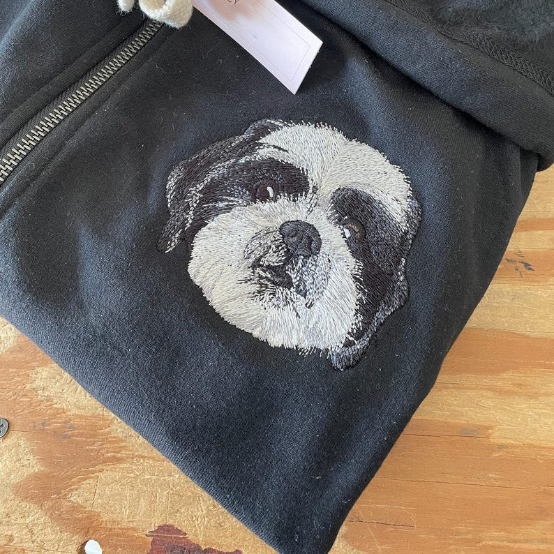 Custom Embroidered Pet Portrait Hooded Zip Up Sweatshirt __ on High Quality Hoodie