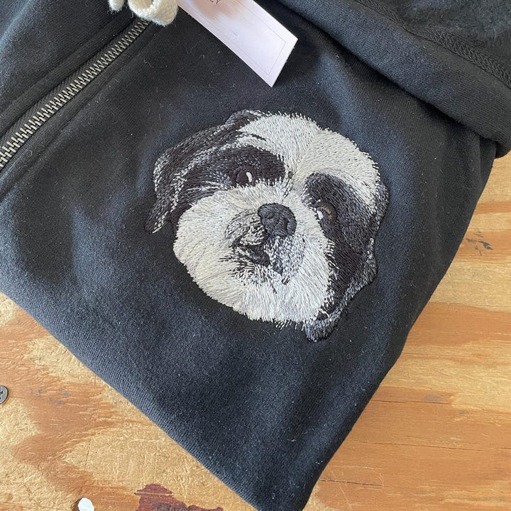 Custom Embroidered Pet Portrait Hooded Zip Up Sweatshirt __ on High Quality Hoodie