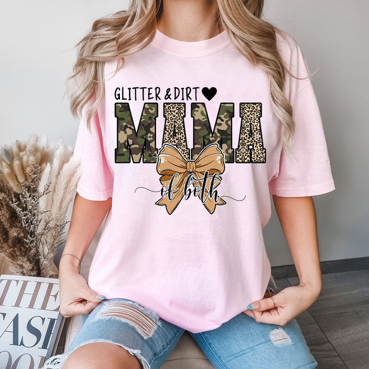 Glitter and Dirt Mama Of Both Camo Coquette Bow T-Shirt