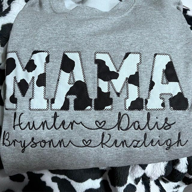 Cow Print Applique Embroidery Crewneck Sweater,Hoodie