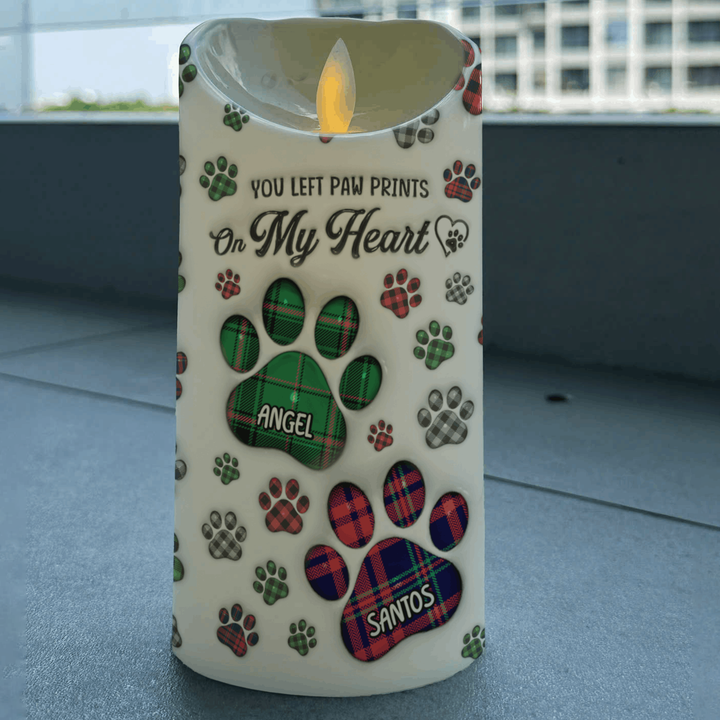 You Left Paw Prints On My Heart - Memorial Personalized Custom LED Candle - Sympathy Gift