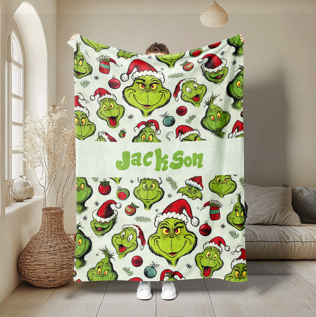 Custom Grinch Christmas Soft Cozy Sherpa Fleece Throw Blanket