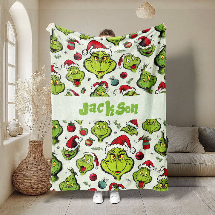 Custom Grinch Christmas Soft Cozy Sherpa Fleece Throw Blanket