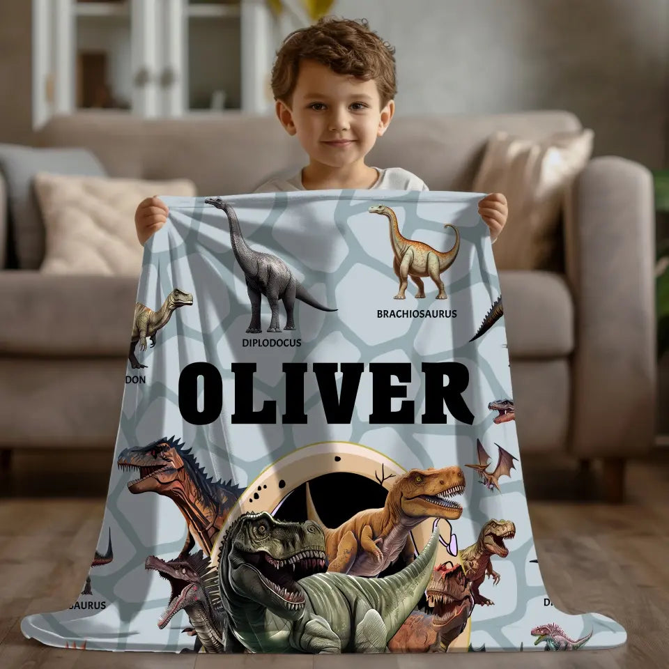 Custom Jurassic Dinosaur Name Blanket - Gift for Dinosaur Lover Grandkids