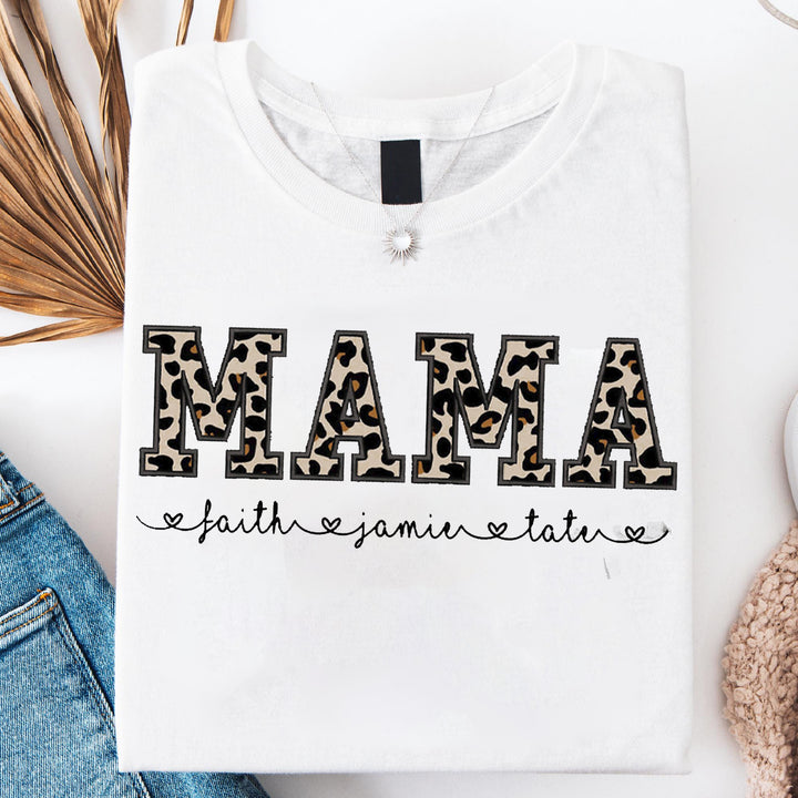 Custom Mama Applique Embroidery T-Shirt with leopard print