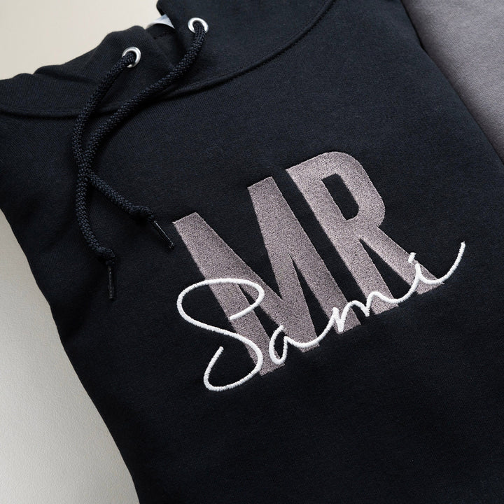 Bride and Groom Custom Embroidered Mr & Mrs Hoodies and Sweatshirts Perfect for Weddings.