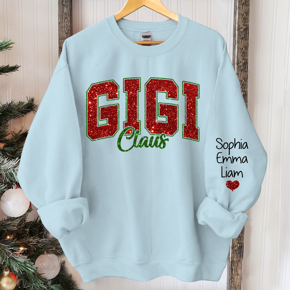 Glitter Gigi Claus Christmas Sweatshirt With Grandkids, Custom Glitter Grandma Nickname Sweatshirt Hoodie