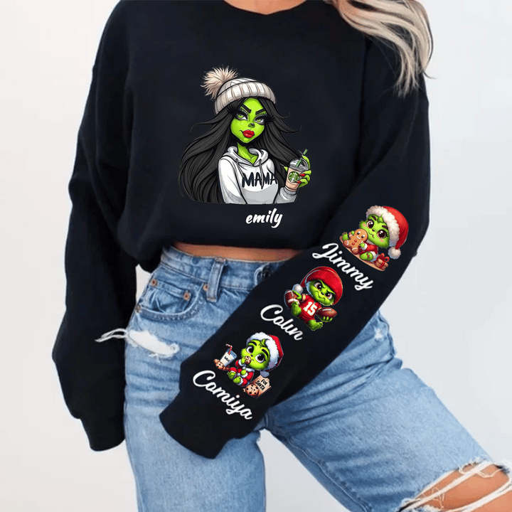 Custom Christmas MAMA Sweatshirt Gift with Kid's Names on the Sleeve