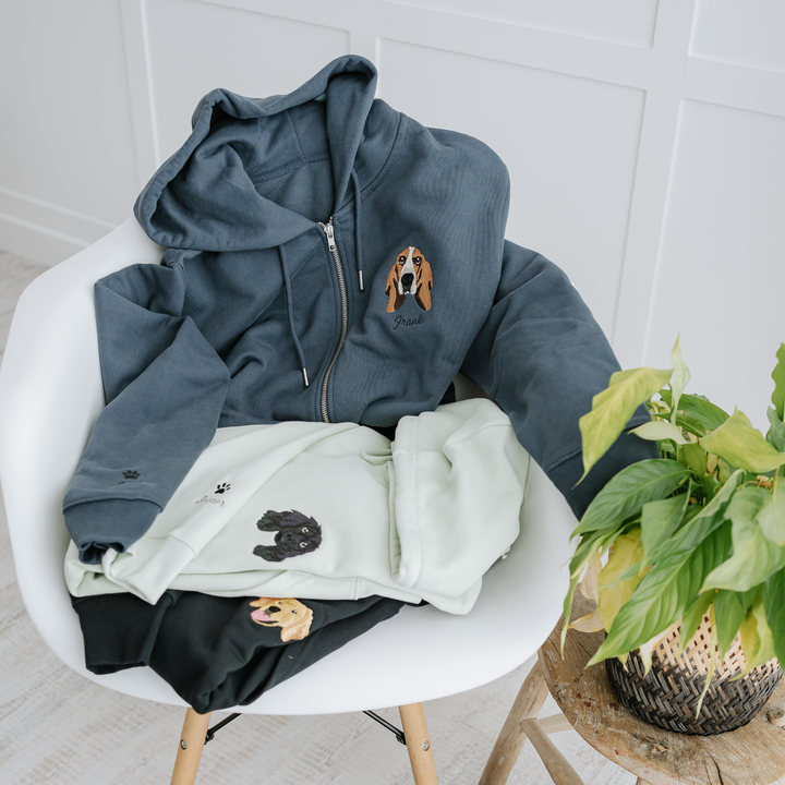 Embroidered Pet Portrait Organic Zip up Hooded Sweatshirt