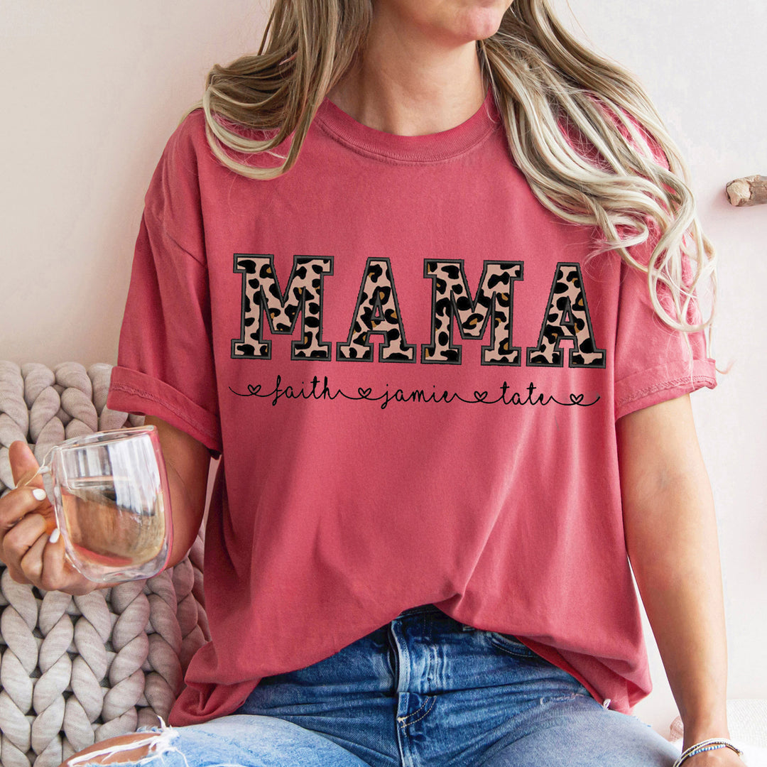 Custom Mama Applique Embroidery T-Shirt with leopard print