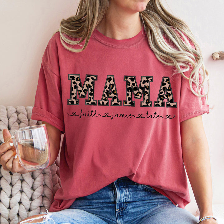 Custom Mama Applique Embroidery T-Shirt with leopard print