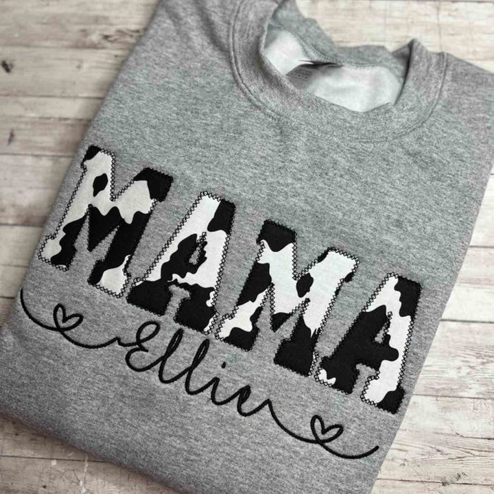 Cow Print Applique Embroidery Crewneck Sweater,Hoodie
