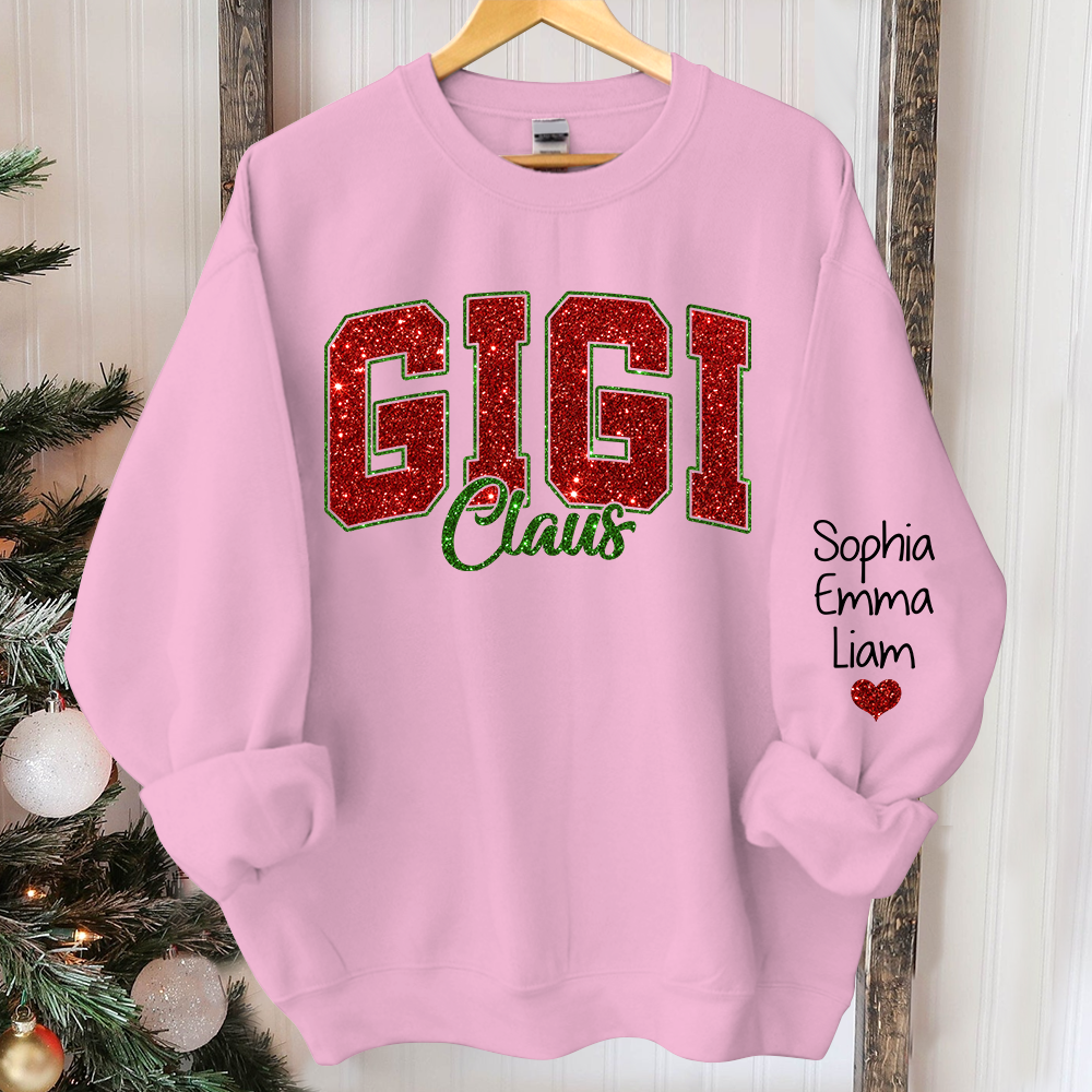Glitter Gigi Claus Christmas Sweatshirt With Grandkids, Custom Glitter Grandma Nickname Sweatshirt Hoodie