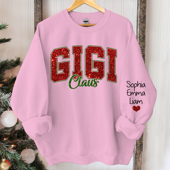 Glitter Gigi Claus Christmas Sweatshirt With Grandkids, Custom Glitter Grandma Nickname Sweatshirt Hoodie