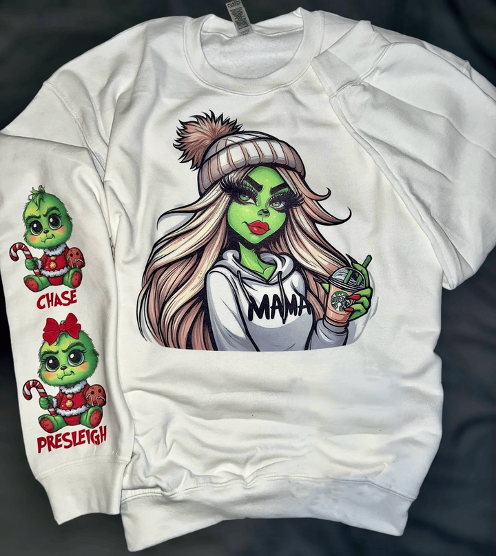 Custom Christmas MAMA Sweatshirt Gift with Kid's Names on the Sleeve