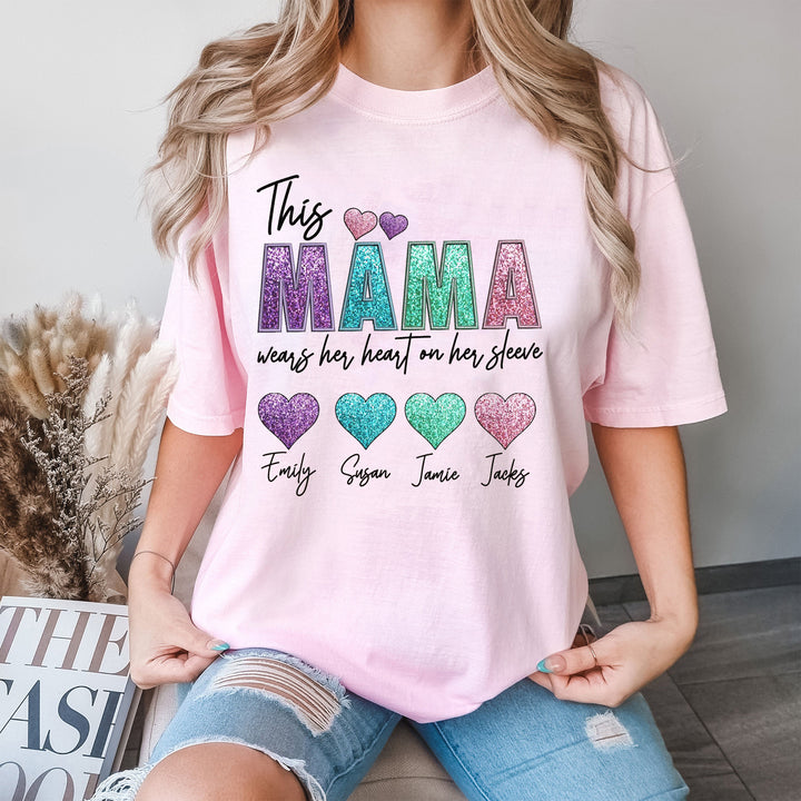 Glitter This Mama Loves Her Hearts On Her T-Shirt
