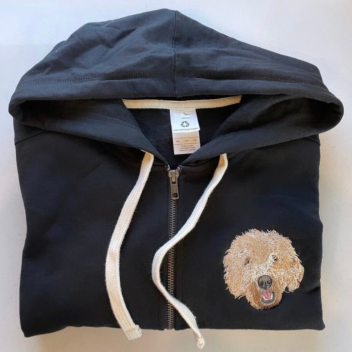 Custom Embroidered Pet Portrait Hooded Zip Up Sweatshirt __ on High Quality Hoodie