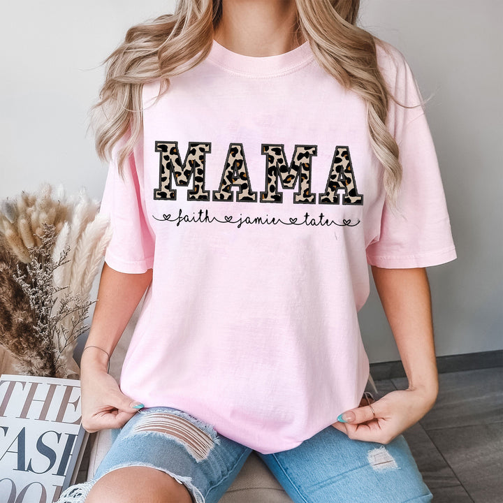 Custom Mama Applique Embroidery T-Shirt with leopard print