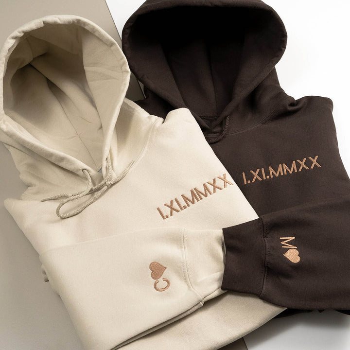 Custom Embroidered Roman Numeral Anniversary Date Couple Hoodies