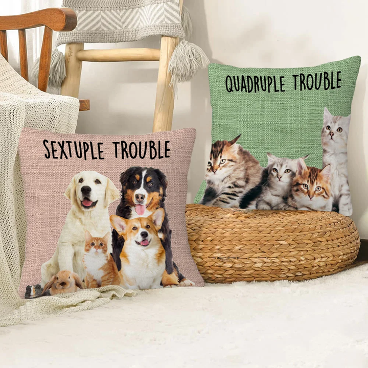 Personalized 1-6 Dog Cat Photos Collage Trouble Maker Soft Throw Pillow Cover Home Decor Birthday Gift for Pet Lover