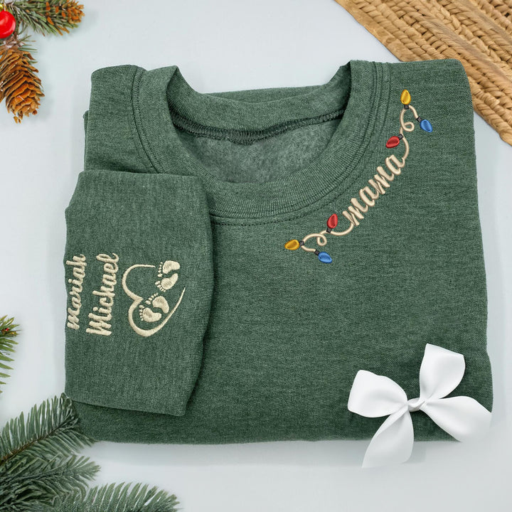 Personalized  Mama Christmas Light Embroidered  Sweatshirt