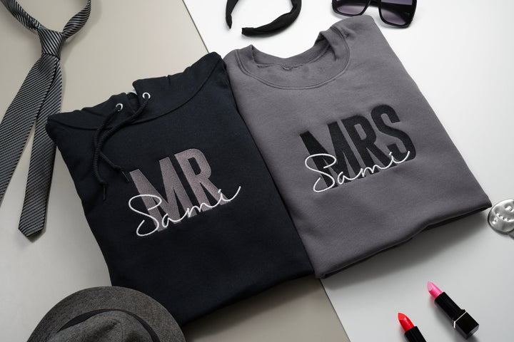 Bride and Groom Custom Embroidered Mr & Mrs Hoodies and Sweatshirts Perfect for Weddings.