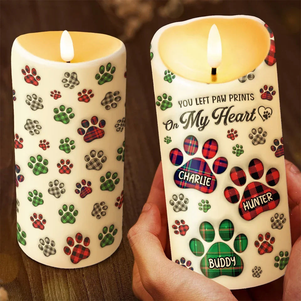 You Left Paw Prints On My Heart - Memorial Personalized Custom LED Candle - Sympathy Gift