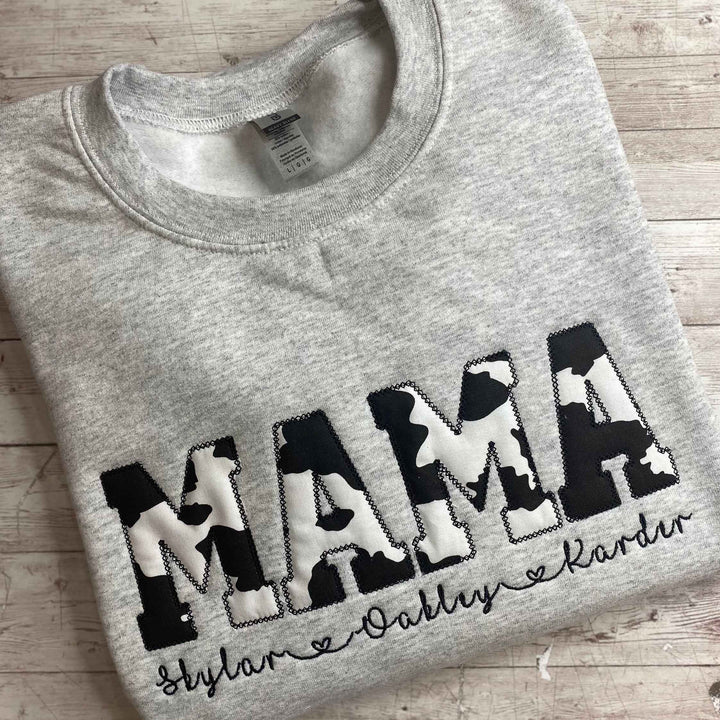 Cow Print Applique Embroidery Crewneck Sweater,Hoodie