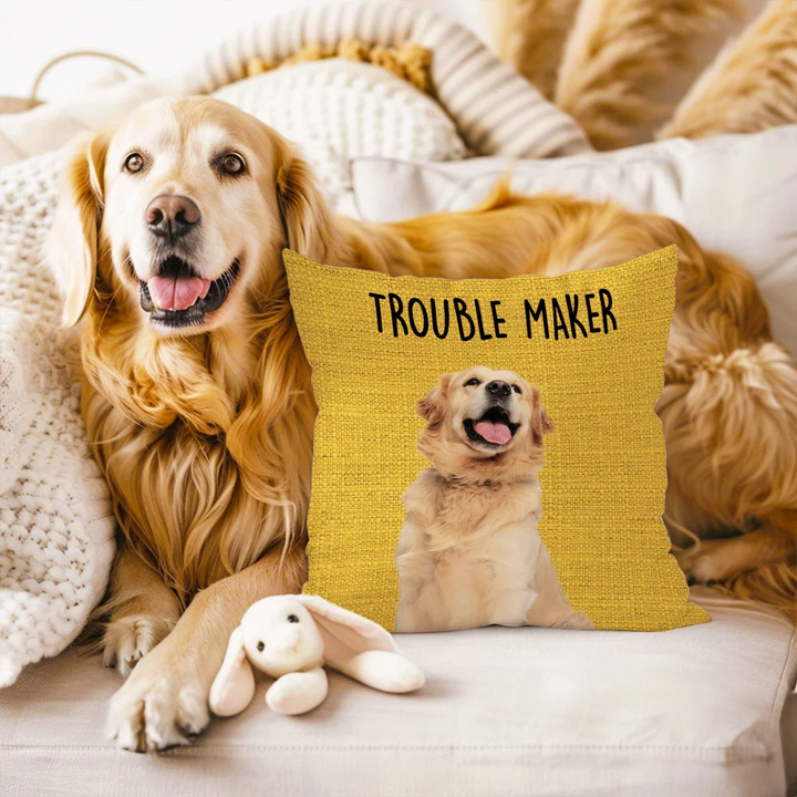 Personalized 1-6 Dog Cat Photos Collage Trouble Maker Soft Throw Pillow Cover Home Decor Birthday Gift for Pet Lover
