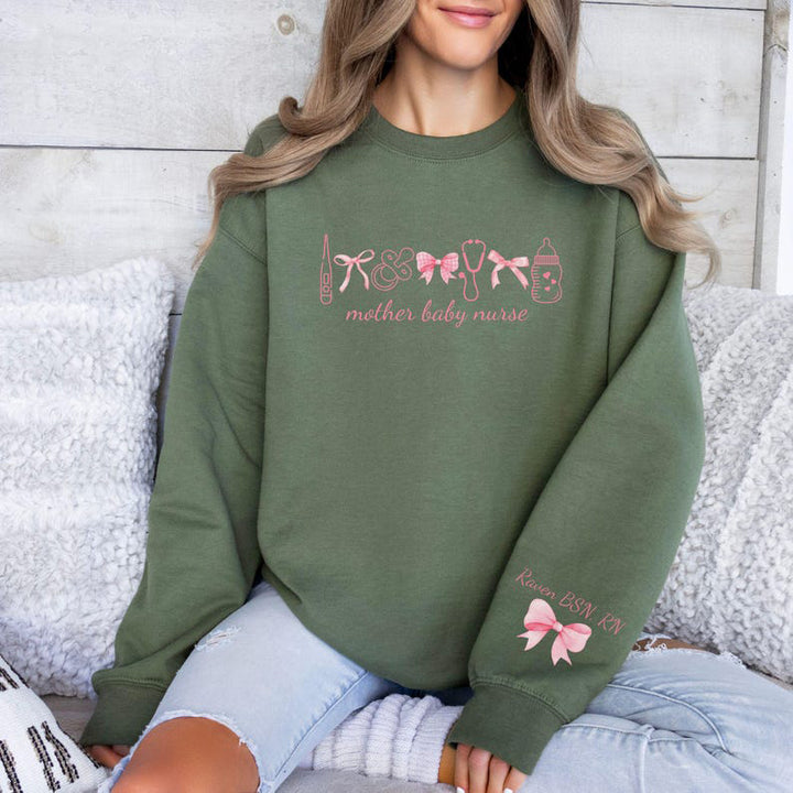 Personalized Mother Baby Nurse Sweatshirt, Custom Postpartum Crewneck Sweatshirt