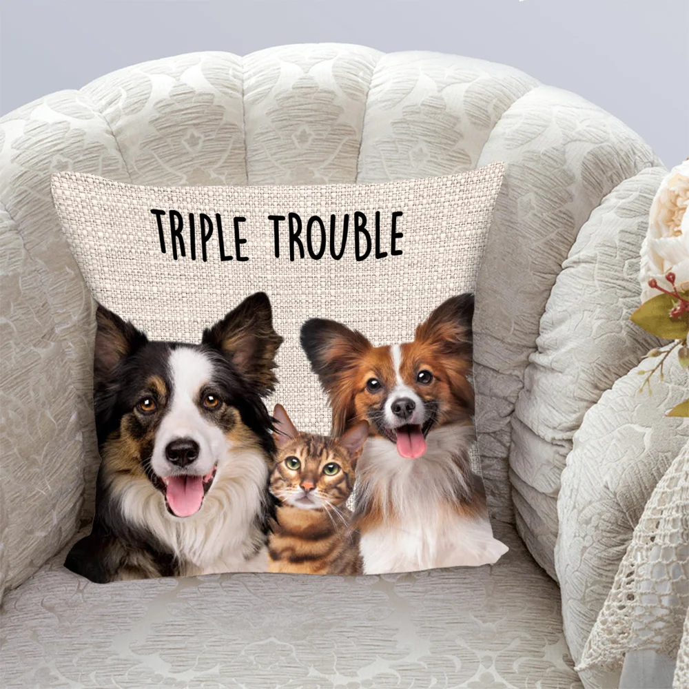 Personalized 1-6 Dog Cat Photos Collage Trouble Maker Soft Throw Pillow Cover Home Decor Birthday Gift for Pet Lover