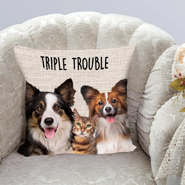 Personalized 1-6 Dog Cat Photos Collage Trouble Maker Soft Throw Pillow Cover Home Decor Birthday Gift for Pet Lover