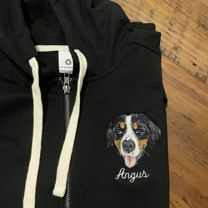 Custom Embroidered Pet Portrait Hooded Zip Up Sweatshirt __ on High Quality Hoodie