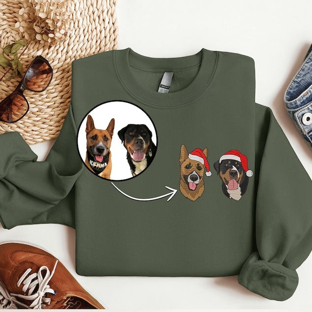Custom Embroidered Pet Portrait Christmas Jumper Sweatshirt Hoodie T-shirt Christmas Gift