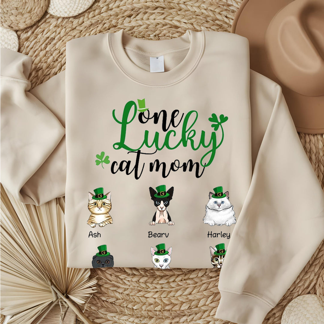 Custom Gift for Cat Lovers One Lucky Cat Mom St. Patrick’s Day Unisex Personalized Raglan  Sweatshirt