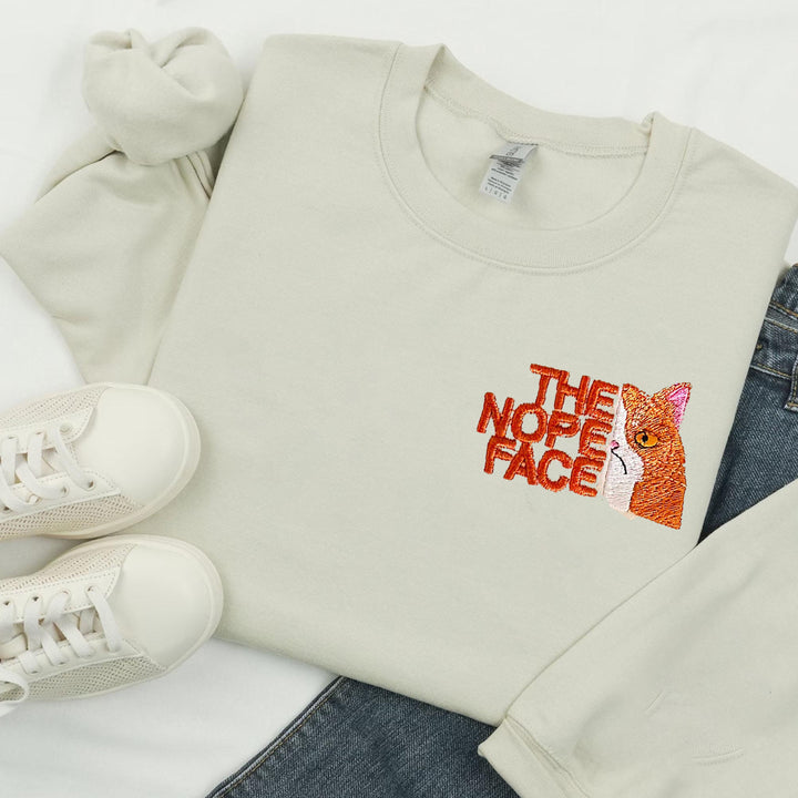 Nope Face Cat Embroidered Sweatshirt