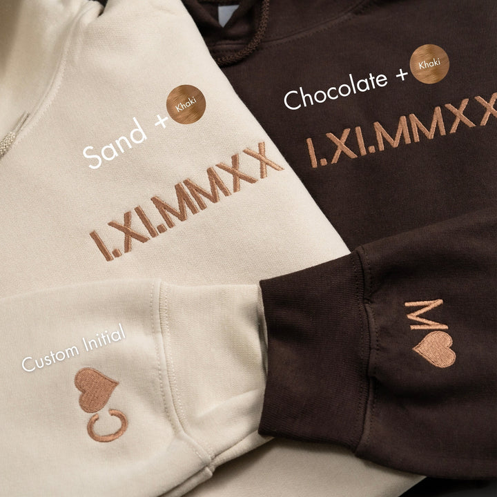 Custom Embroidered Roman Numeral Anniversary Date Couple Hoodies