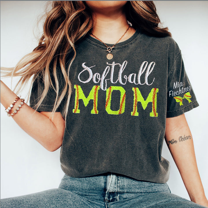 Custom Embroidered Softball Mom Sweatshirt with Kid Name on sleeve Personalized Softball MOM T-Shirt