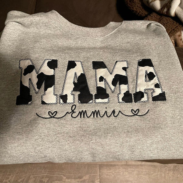 Cow Print Applique Embroidery Crewneck Sweater,Hoodie
