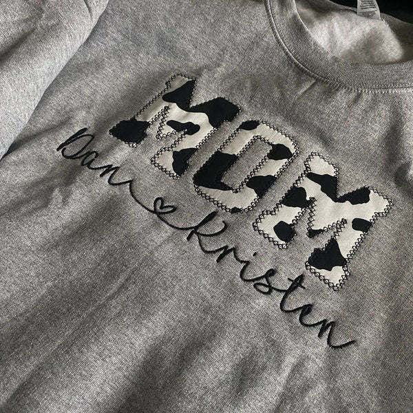 Cow Print Applique Embroidery Crewneck Sweater,Hoodie