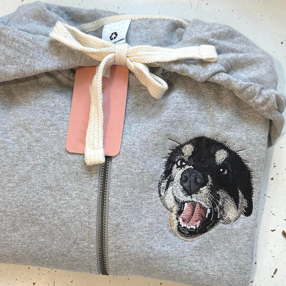 Custom Embroidered Pet Portrait Hooded Zip Up Sweatshirt __ on High Quality Hoodie