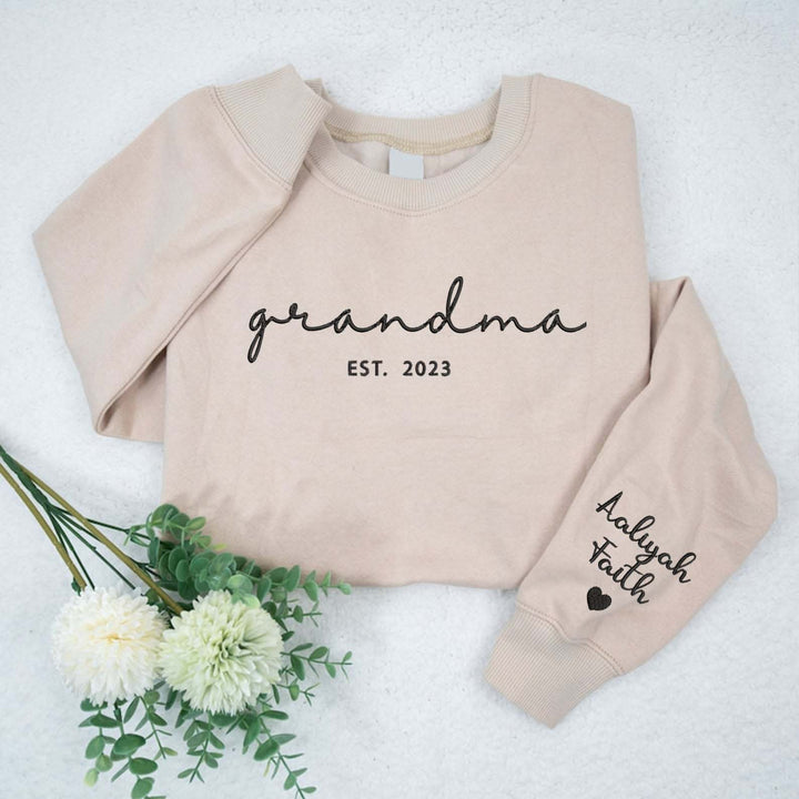 Grandma with Grandkids Names Crewneck, Pregnancy announcement gift