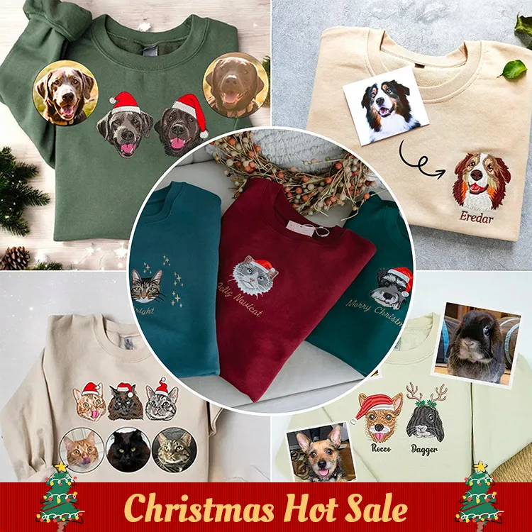 Custom Embroidered Pet Portrait Christmas Jumper Sweatshirt Hoodie T-shirt Christmas Gift