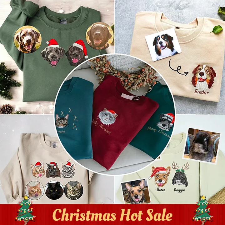 Custom Embroidered Pet Portrait Christmas Jumper Sweatshirt Hoodie T-shirt Christmas Gift