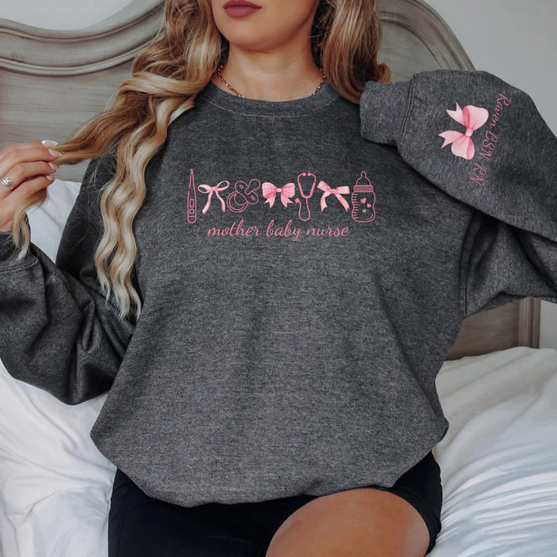 Personalized Mother Baby Nurse Sweatshirt, Custom Postpartum Crewneck Sweatshirt
