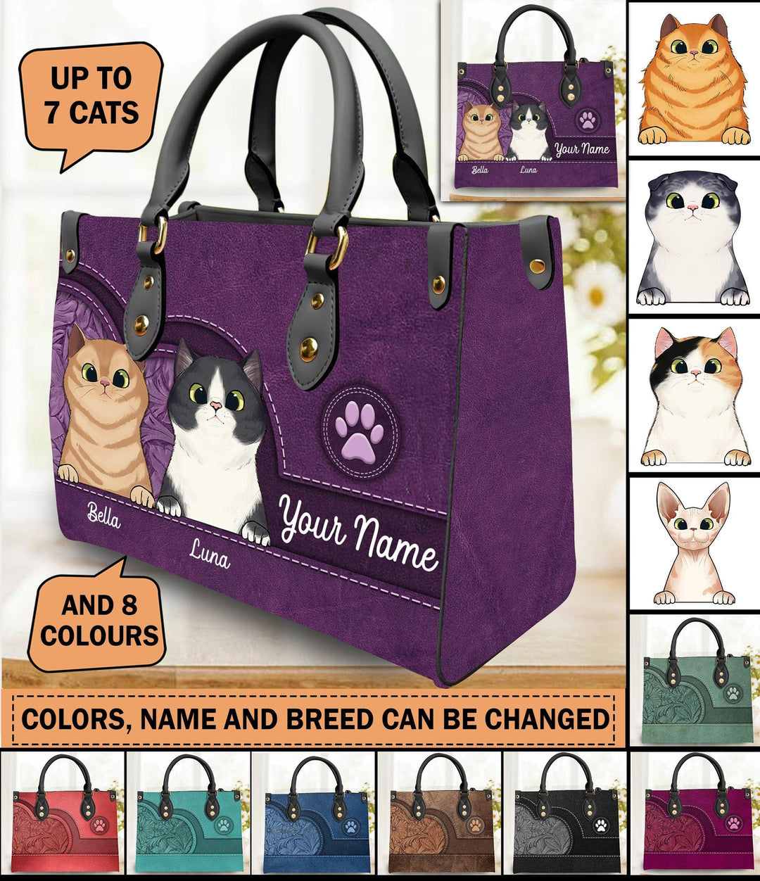 Cat Personalized Leather Handbag, Personalized Gift for Cat Lovers