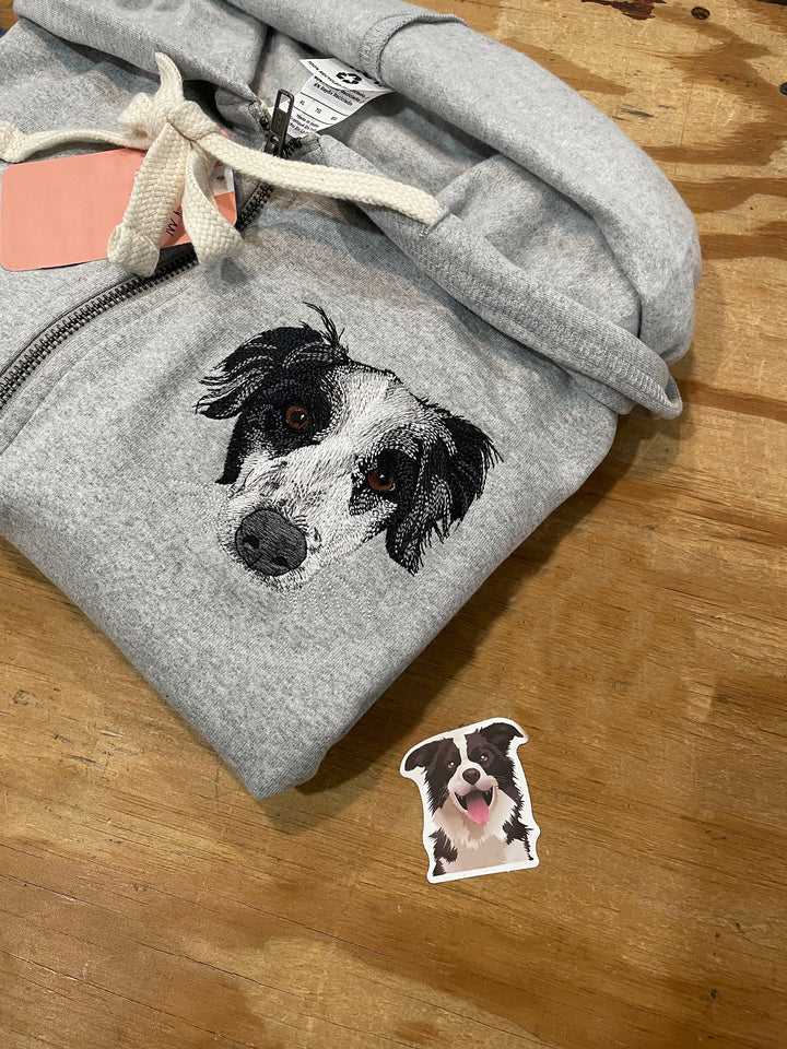 Custom Embroidered Pet Portrait Hooded Zip Up Sweatshirt __ on High Quality Hoodie