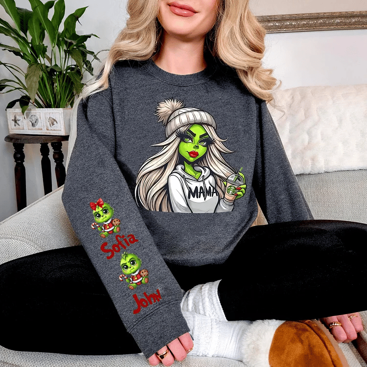 Custom Christmas MAMA Sweatshirt Gift with Kid's Names on the Sleeve