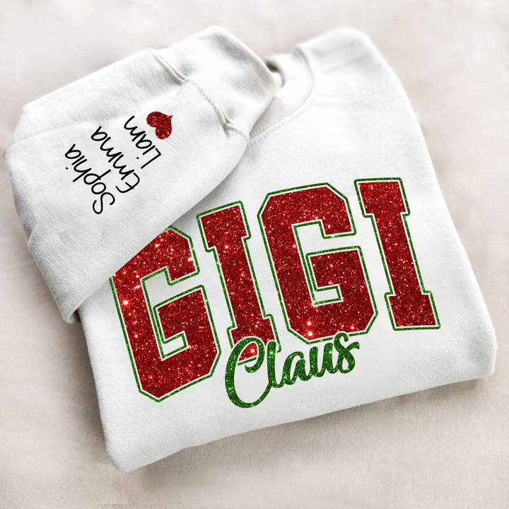 Glitter Gigi Claus Christmas Sweatshirt With Grandkids, Custom Glitter Grandma Nickname Sweatshirt Hoodie