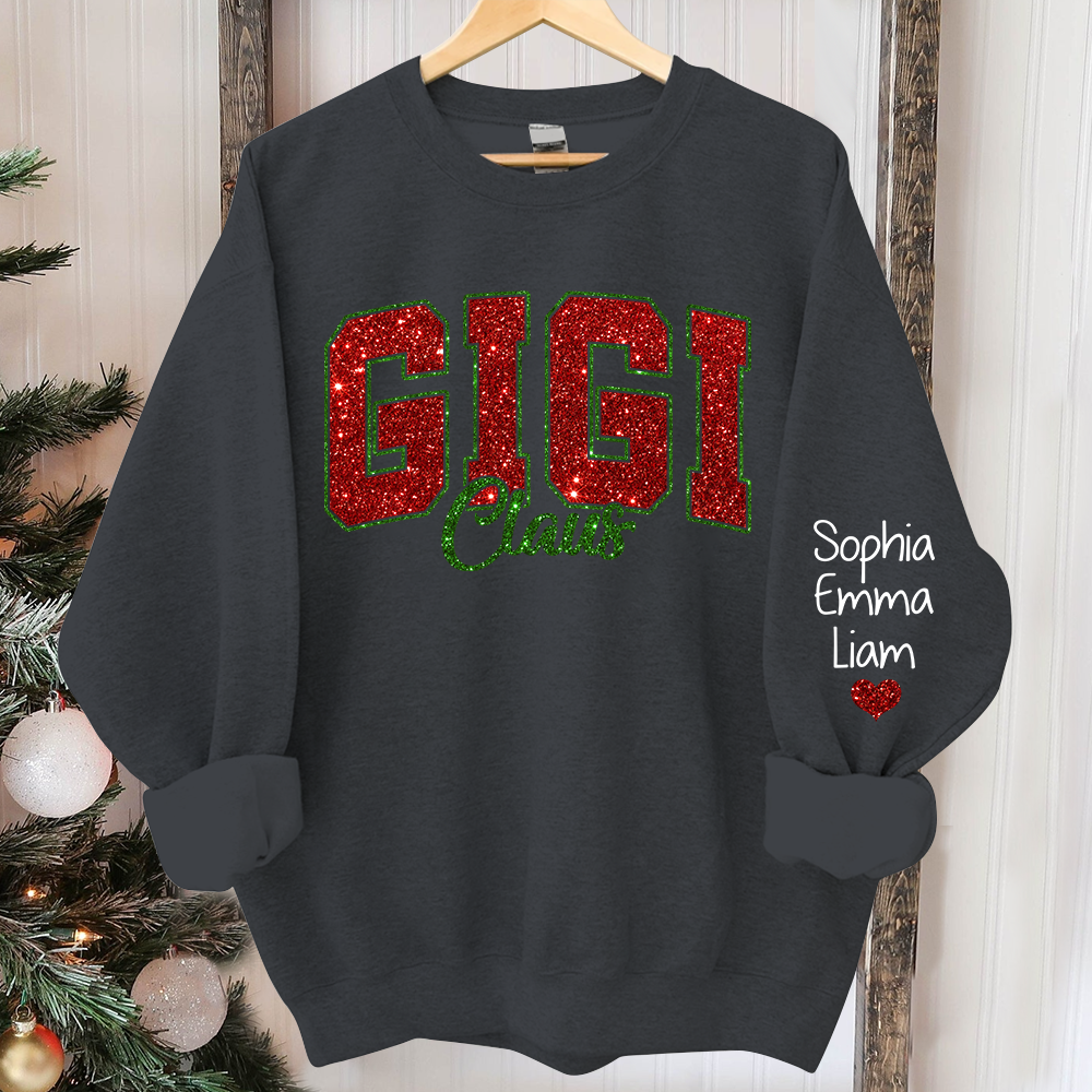 Glitter Gigi Claus Christmas Sweatshirt With Grandkids, Custom Glitter Grandma Nickname Sweatshirt Hoodie